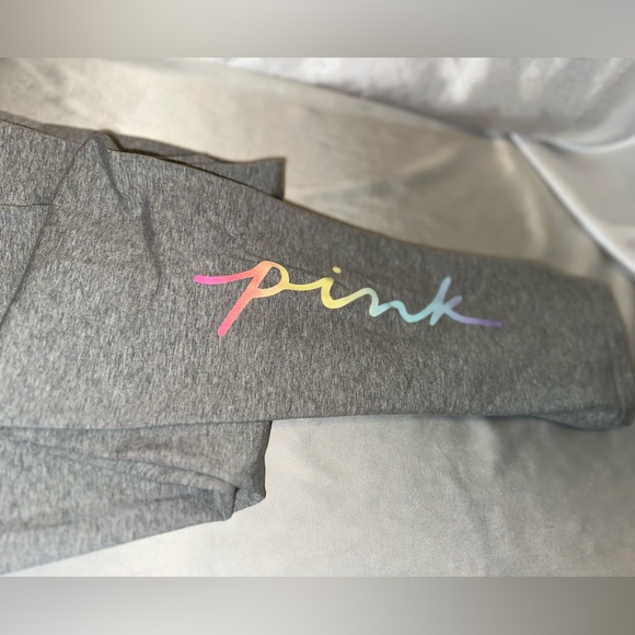 Victorias Secret Pink High Waist Legging Full Length Grey Script Pastel Logo XL - Picture 2 of 3